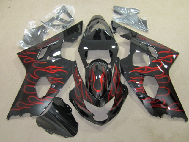 2004-2005 Black Red Flame Suzuki GSXR600 Replacement Fairings 2004-2005 Black Red Flame Suzuki GSXR600 Replacement Fairings